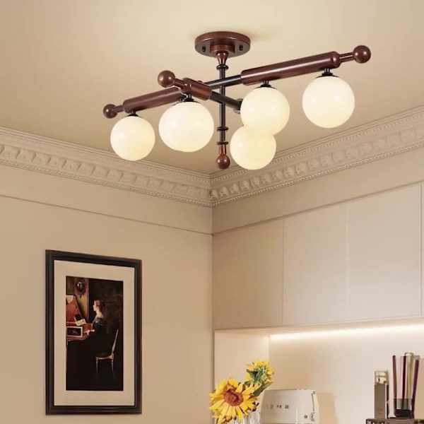 Traditional French Solid Wood Frame Glass Round Shade 4/6-Light Semi-Flush Mount Ceiling Light For Living Room - Image 7