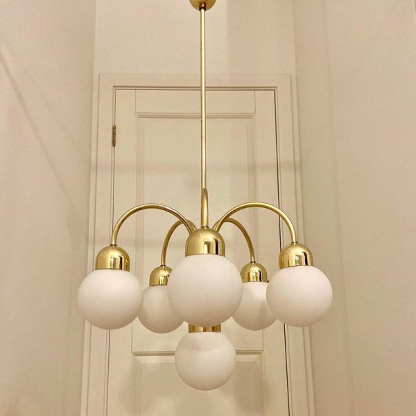 Modern Mid-Century Iron Arc Rod Glass Ball Shade 6-Light Chandelier For Living Room - Image 6