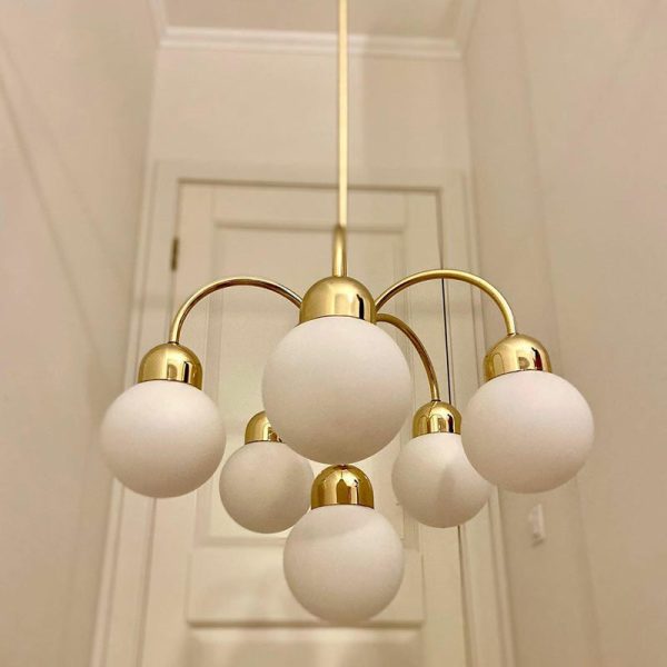 Modern Mid-Century Iron Arc Rod Glass Ball Shade 6-Light Chandelier For Living Room - Image 5