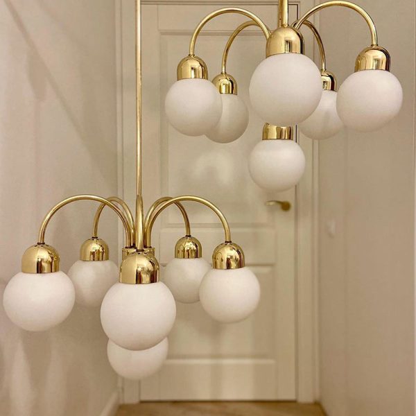 Modern Mid-Century Iron Arc Rod Glass Ball Shade 6-Light Chandelier For Living Room - Image 7