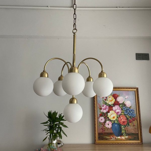 Modern Mid-Century Iron Arc Rod Glass Ball Shade 6-Light Chandelier For Living Room - Image 3