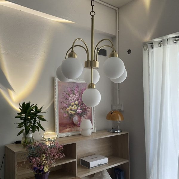 Modern Mid-Century Iron Arc Rod Glass Ball Shade 6-Light Chandelier For Living Room - Image 2