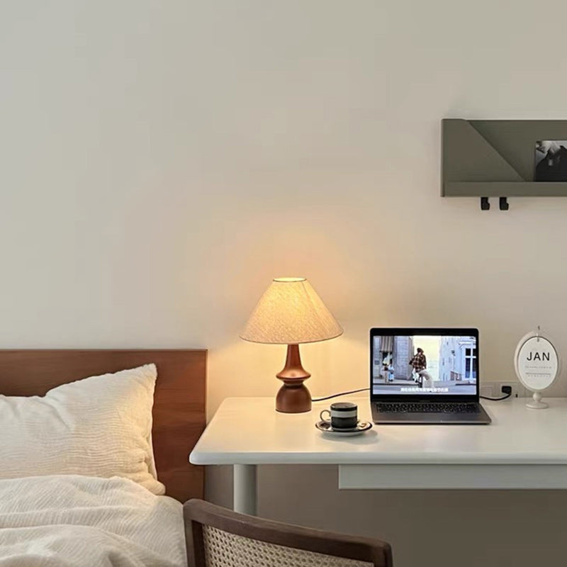 BS-Lighting-LL04441-4.jpg Traditional Vintage Fabric Conical Shade Solid Wood Base 1-Light Table Lamp For Bedroom - Image 1