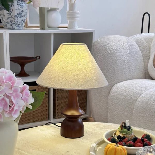 Traditional Vintage Fabric Conical Shade Solid Wood Base 1-Light Table Lamp For Bedroom - Image 2