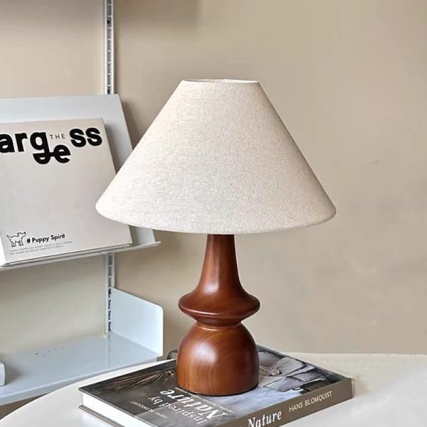 Traditional Vintage Fabric Conical Shade Solid Wood Base 1-Light Table Lamp For Bedroom - Image 5