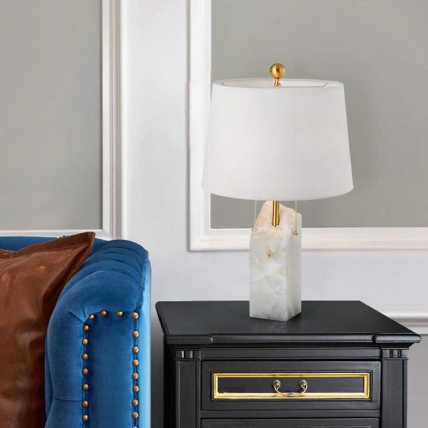 Modern Luxury Fabric Tapered Shade Raw White Alabaster Base 1-Light Table Lamp For Bedroom - Image 2
