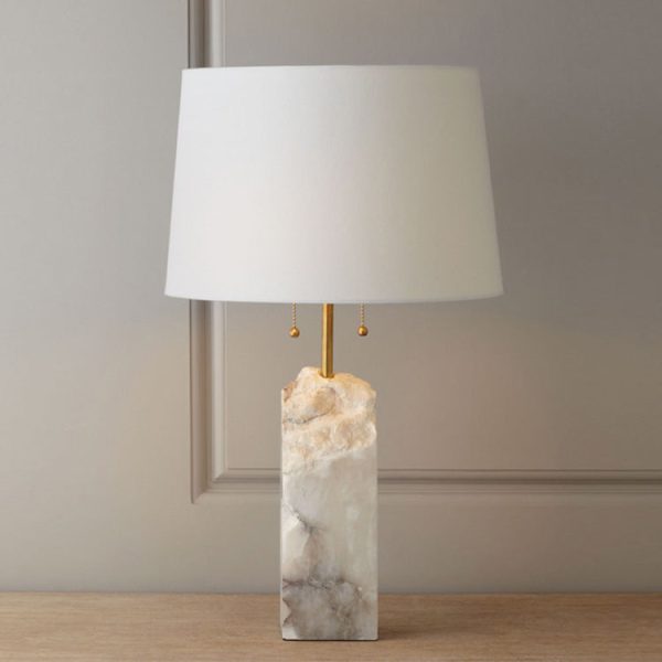 Modern Luxury Fabric Tapered Shade Raw White Alabaster Base 1-Light Table Lamp For Bedroom - Image 3