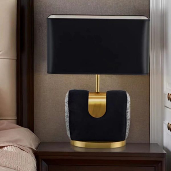 Modern Eclectic Fabric Square Shade Leather Iron 1-Light Table Lamp For Bedroom - Image 6