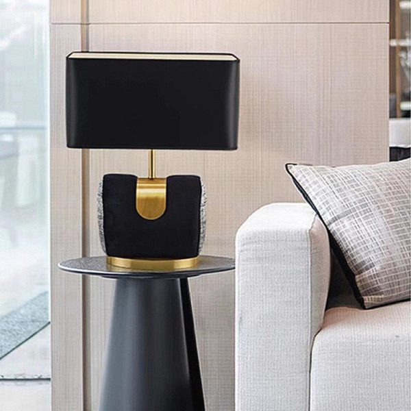 Modern Eclectic Fabric Square Shade Leather Iron 1-Light Table Lamp For Bedroom - Image 2