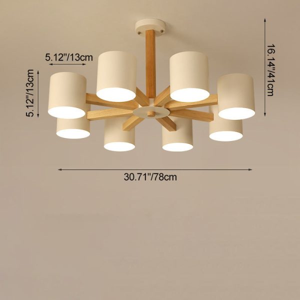 Contemporary Scandinavian Solid Wood Frame Hardware Cylinder Shade 6/8-Light Semi-Flush Mount Ceiling Light For Living Room - Image 5