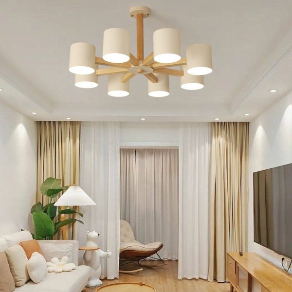 Contemporary Scandinavian Solid Wood Frame Hardware Cylinder Shade 6/8-Light Semi-Flush Mount Ceiling Light For Living Room - Image 8