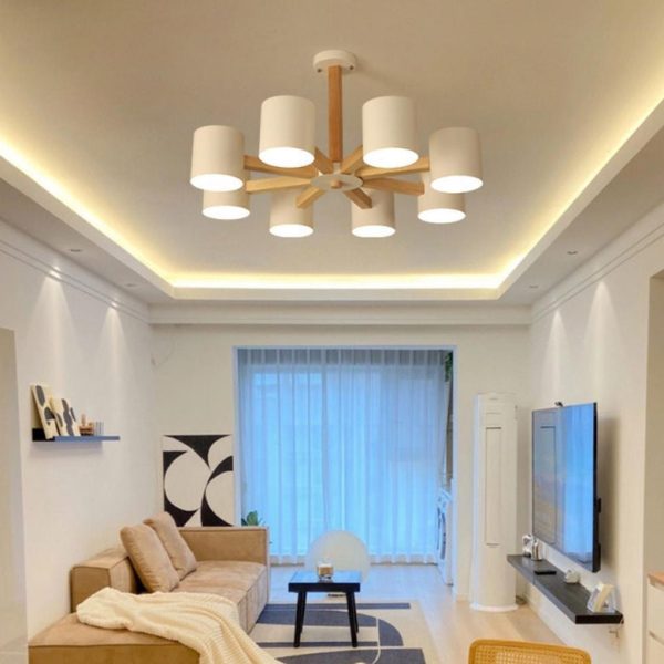 Contemporary Scandinavian Solid Wood Frame Hardware Cylinder Shade 6/8-Light Semi-Flush Mount Ceiling Light For Living Room - Image 7
