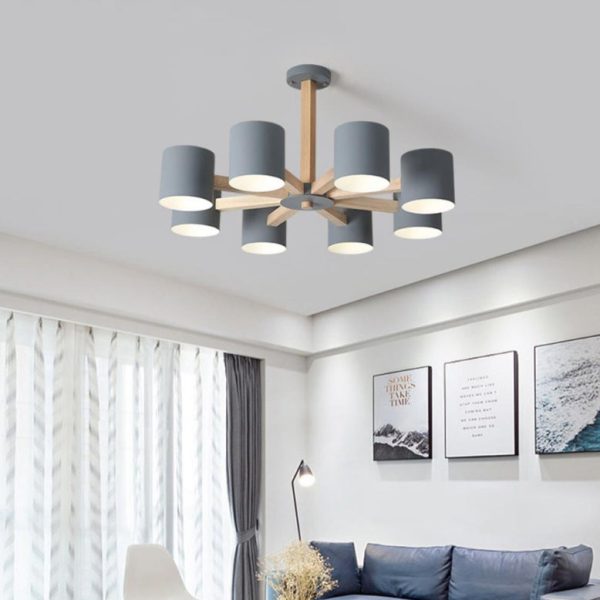 Contemporary Scandinavian Solid Wood Frame Hardware Cylinder Shade 6/8-Light Semi-Flush Mount Ceiling Light For Living Room - Image 2