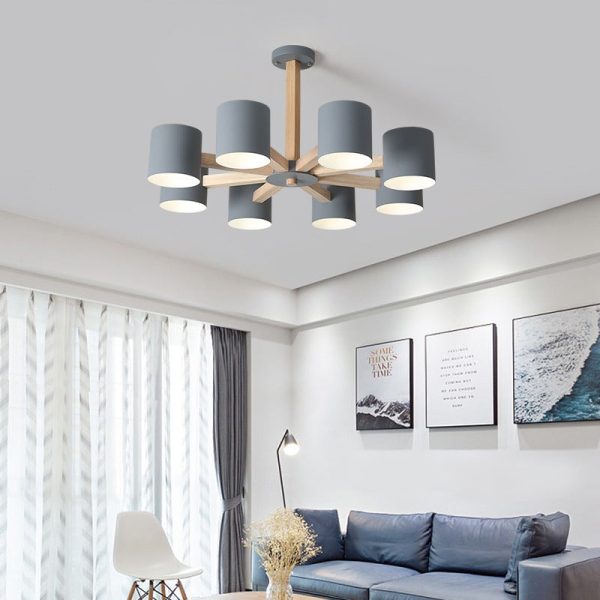 Contemporary Scandinavian Solid Wood Frame Hardware Cylinder Shade 6/8-Light Semi-Flush Mount Ceiling Light For Living Room - Image 9