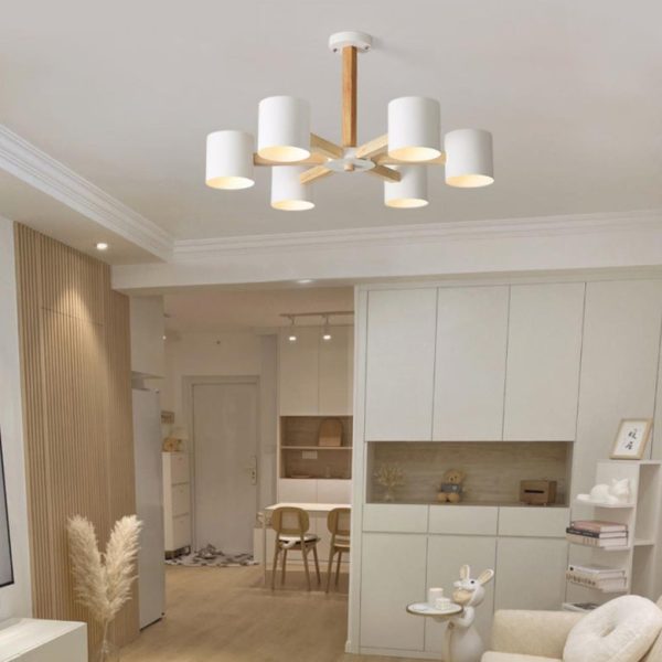 Contemporary Scandinavian Solid Wood Frame Hardware Cylinder Shade 6/8-Light Semi-Flush Mount Ceiling Light For Living Room - Image 12