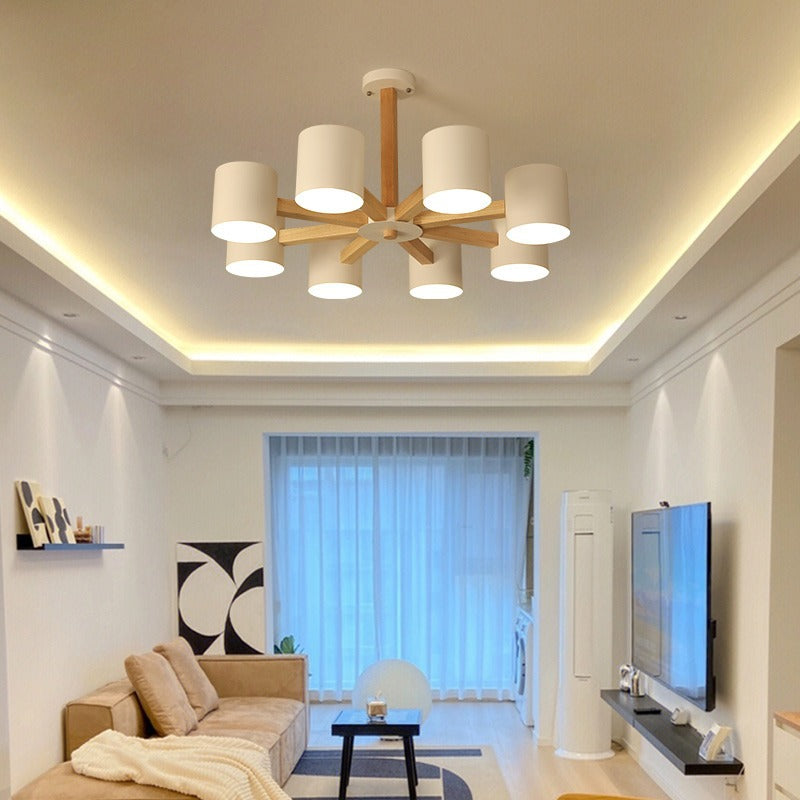 BS-Lighting-LL04526-7.jpg Contemporary Scandinavian Solid Wood Frame Hardware Cylinder Shade 6/8-Light Semi-Flush Mount Ceiling Light For Living Room - Image 1