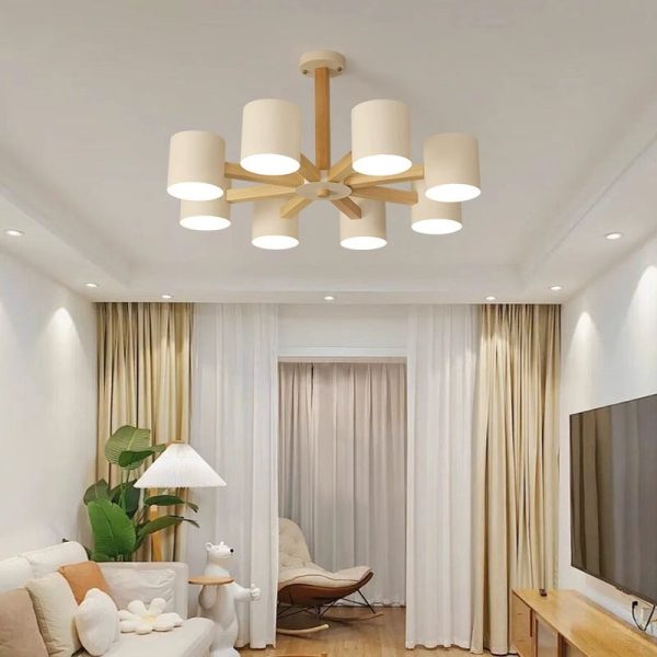 Contemporary Scandinavian Solid Wood Frame Hardware Cylinder Shade 6/8-Light Semi-Flush Mount Ceiling Light For Living Room - Image 3