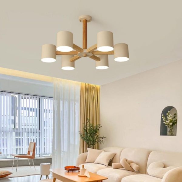 Contemporary Scandinavian Solid Wood Frame Hardware Cylinder Shade 6/8-Light Semi-Flush Mount Ceiling Light For Living Room - Image 11