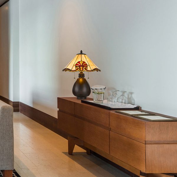 Traditional Tiffany Stained Glass Conical Shade Resin Vase Base 1-Light Table Lamp For Bedroom - Image 8