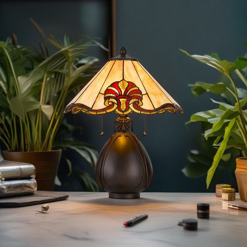 BS-Lighting-LL04607-1.jpg Traditional Tiffany Stained Glass Conical Shade Resin Vase Base 1-Light Table Lamp For Bedroom - Image 1