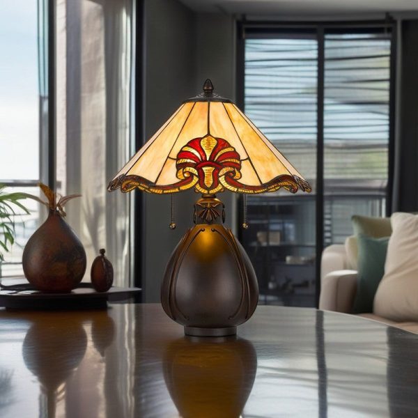 Traditional Tiffany Stained Glass Conical Shade Resin Vase Base 1-Light Table Lamp For Bedroom - Image 2