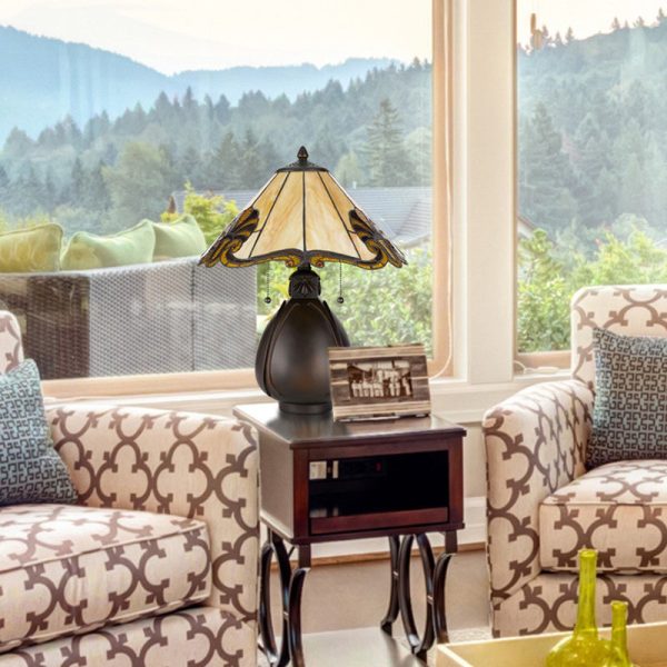 Traditional Tiffany Stained Glass Conical Shade Resin Vase Base 1-Light Table Lamp For Bedroom - Image 7