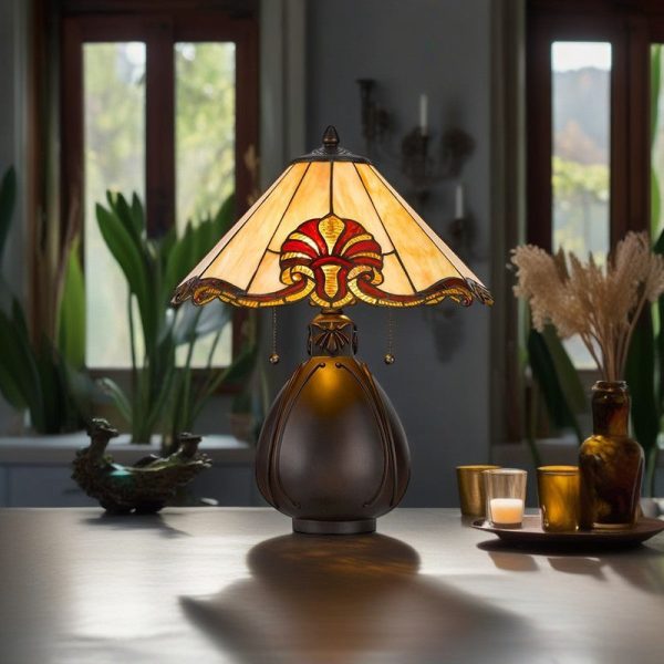 Traditional Tiffany Stained Glass Conical Shade Resin Vase Base 1-Light Table Lamp For Bedroom - Image 3