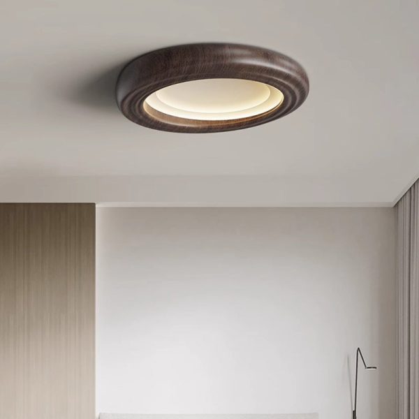 Traditional Japanese Round Iron Wood Grain ABS Shade LED Flush Mount Ceiling Light For Bedroom - Image 11