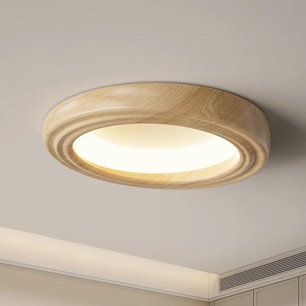 Traditional Japanese Round Iron Wood Grain ABS Shade LED Flush Mount Ceiling Light For Bedroom - Image 9