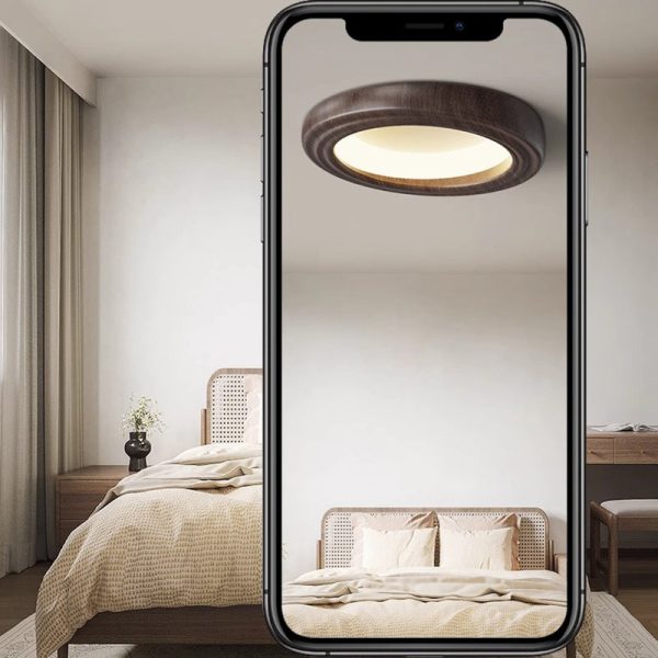 Traditional Japanese Round Iron Wood Grain ABS Shade LED Flush Mount Ceiling Light For Bedroom - Image 3