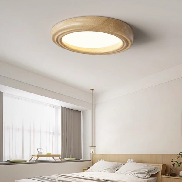 Traditional Japanese Round Iron Wood Grain ABS Shade LED Flush Mount Ceiling Light For Bedroom - Image 2