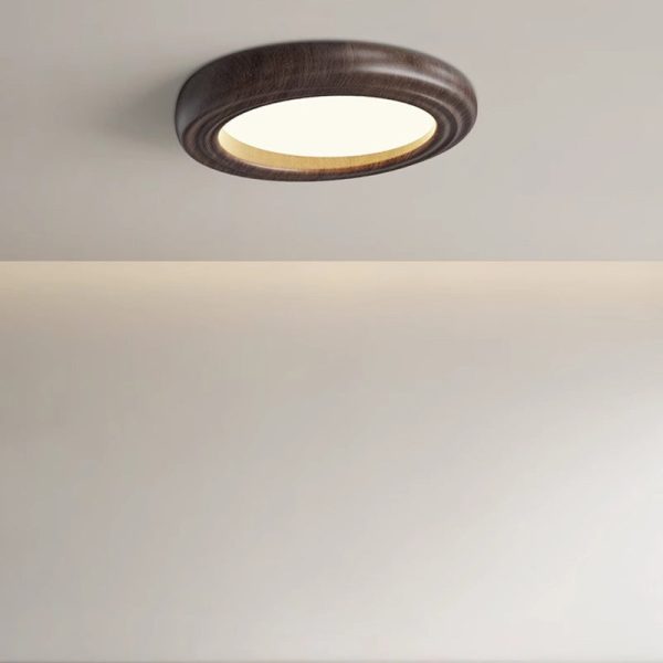 Traditional Japanese Round Iron Wood Grain ABS Shade LED Flush Mount Ceiling Light For Bedroom - Image 10