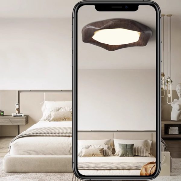 Traditional Japanese Iron Wood Grain Corrugated ABS Shade LED Flush Mount Ceiling Light For Bedroom - Image 9
