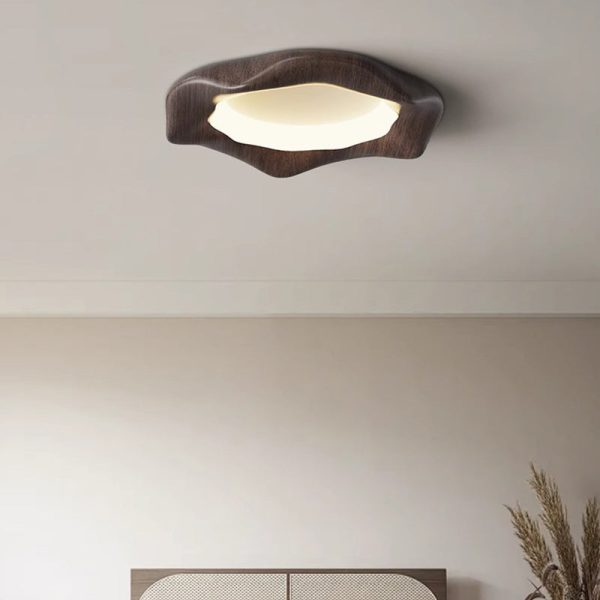 Traditional Japanese Iron Wood Grain Corrugated ABS Shade LED Flush Mount Ceiling Light For Bedroom - Image 2