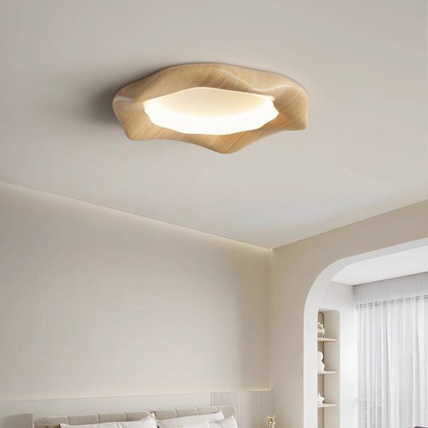 Traditional Japanese Iron Wood Grain Corrugated ABS Shade LED Flush Mount Ceiling Light For Bedroom - Image 3