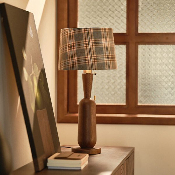 Traditional Colonial Plaid Fabric Round Shade Solid Wood Column Base 1-Light Table Lamp For Bedroom - Image 10