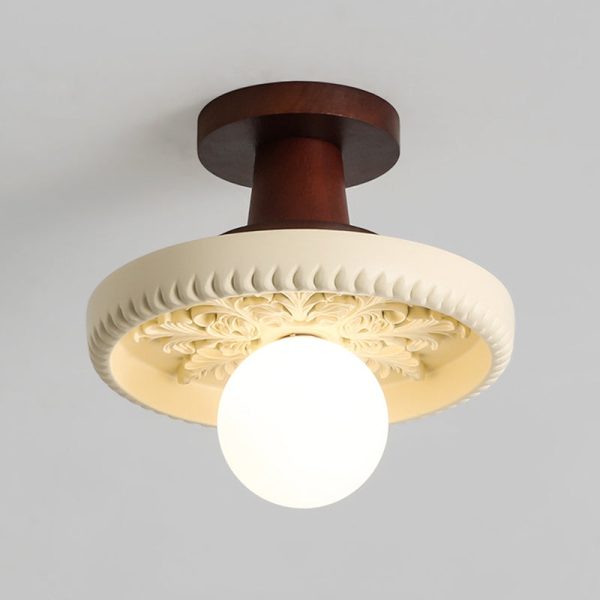 Modern Transitional Solid Wood Semicircle Carving Resin Shade 1-Light Semi-Flush Mount Ceiling Light For Living Room - Image 16