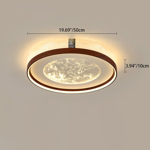 Traditional Chinese Frosted Smoky Acrylic Shade Faux Woodgrain Border LED Flush Mount Ceiling Light For Living Room - Image 4
