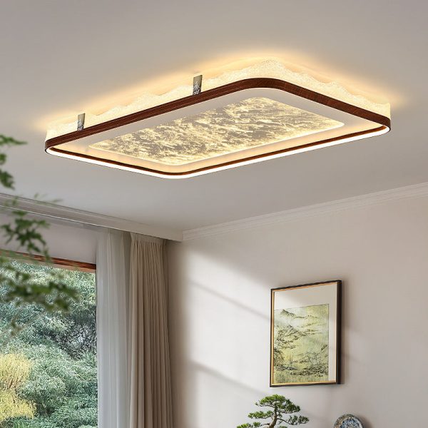 Traditional Chinese Frosted Smoky Acrylic Shade Faux Woodgrain Border LED Flush Mount Ceiling Light For Living Room - Image 12