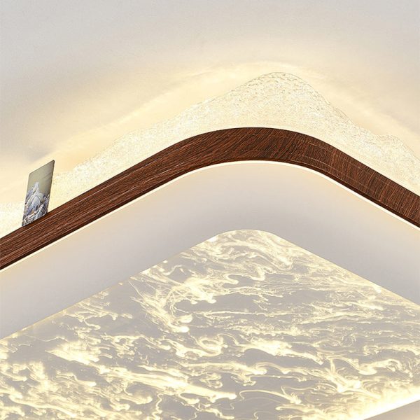 Traditional Chinese Frosted Smoky Acrylic Shade Faux Woodgrain Border LED Flush Mount Ceiling Light For Living Room - Image 7