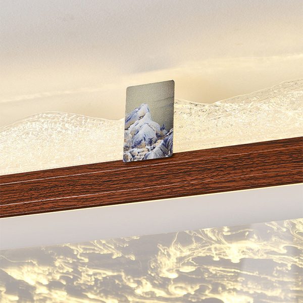 Traditional Chinese Frosted Smoky Acrylic Shade Faux Woodgrain Border LED Flush Mount Ceiling Light For Living Room - Image 8