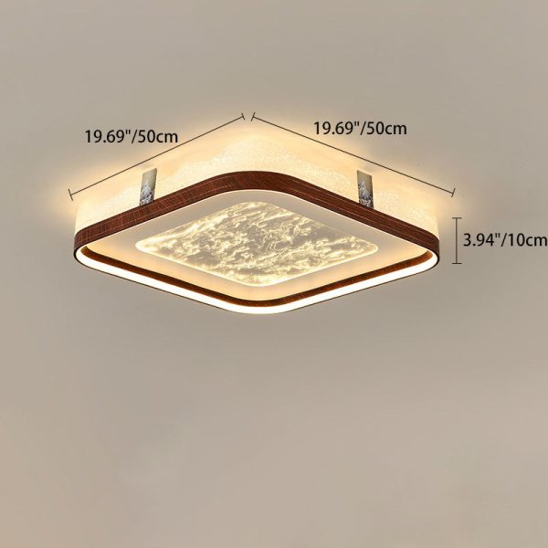Traditional Chinese Frosted Smoky Acrylic Shade Faux Woodgrain Border LED Flush Mount Ceiling Light For Living Room - Image 5