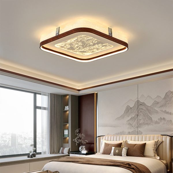 Traditional Chinese Frosted Smoky Acrylic Shade Faux Woodgrain Border LED Flush Mount Ceiling Light For Living Room - Image 11