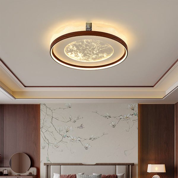 Traditional Chinese Frosted Smoky Acrylic Shade Faux Woodgrain Border LED Flush Mount Ceiling Light For Living Room - Image 13