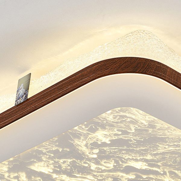 Traditional Chinese Frosted Smoky Acrylic Shade Faux Woodgrain Border LED Flush Mount Ceiling Light For Living Room - Image 10