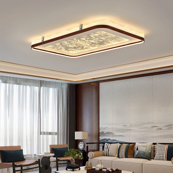 Traditional Chinese Frosted Smoky Acrylic Shade Faux Woodgrain Border LED Flush Mount Ceiling Light For Living Room - Image 14