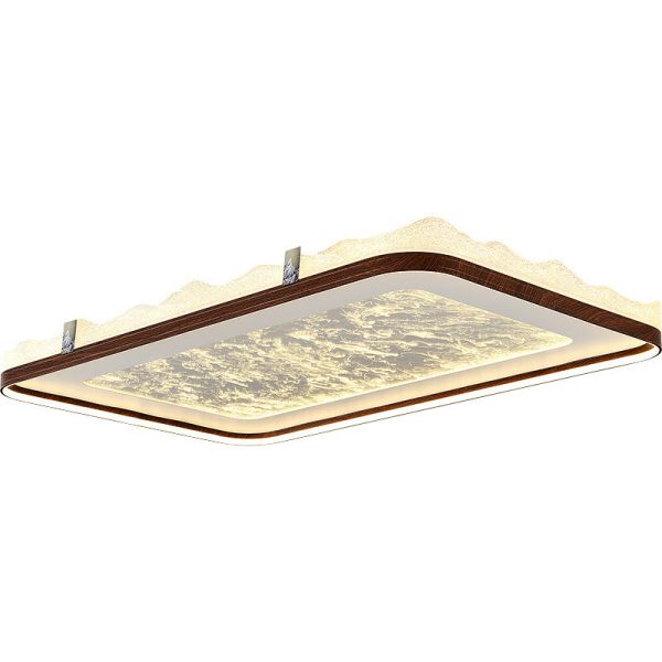 Traditional Chinese Frosted Smoky Acrylic Shade Faux Woodgrain Border LED Flush Mount Ceiling Light For Living Room - Image 17