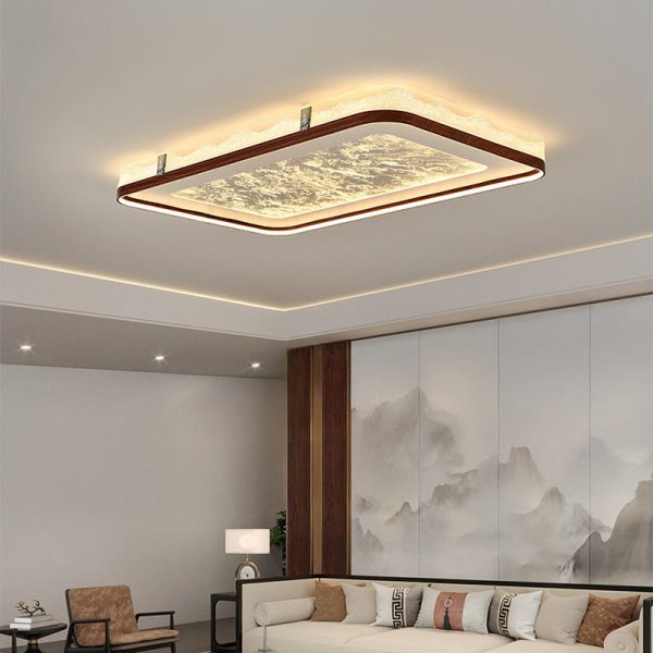 Traditional Chinese Frosted Smoky Acrylic Shade Faux Woodgrain Border LED Flush Mount Ceiling Light For Living Room - Image 15