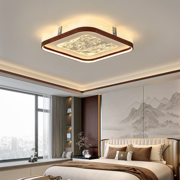 Traditional Chinese Frosted Smoky Acrylic Shade Faux Woodgrain Border LED Flush Mount Ceiling Light For Living Room - Image 2