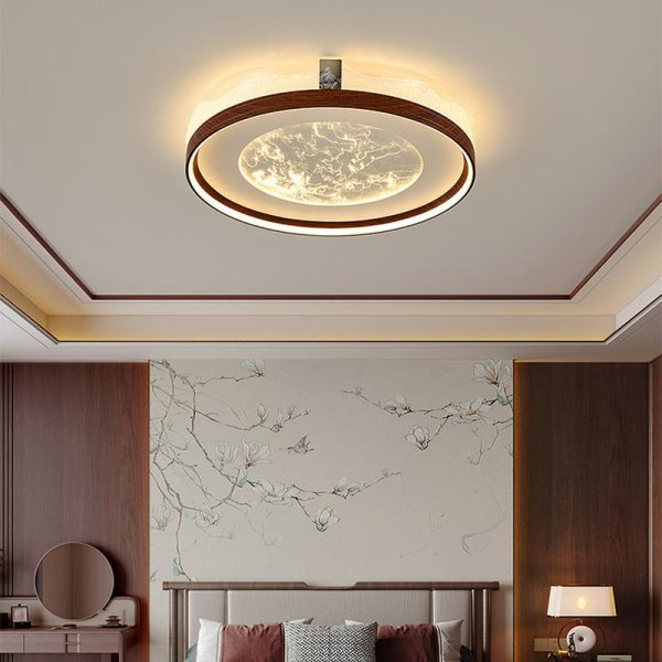Traditional Chinese Frosted Smoky Acrylic Shade Faux Woodgrain Border LED Flush Mount Ceiling Light For Living Room - Image 3
